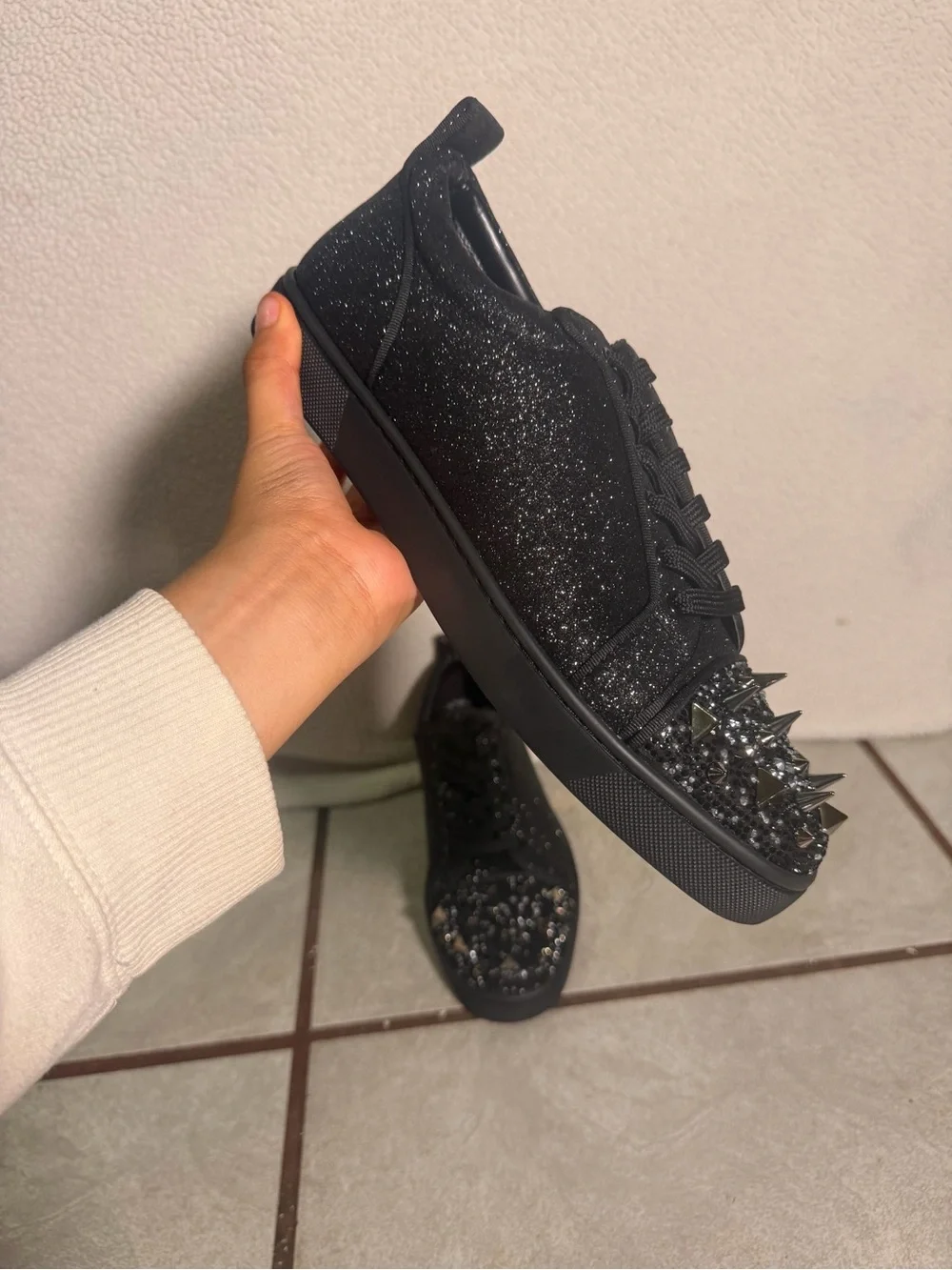 Christian Louboutin Black Glitter Spike-Toe Sneaker